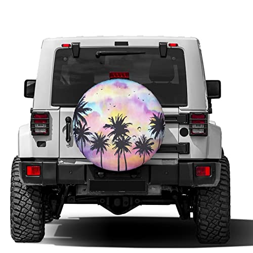 Image of Tropical Palm Tree Painting Spare Tire Cover Dust-Proof Wheel Tire Cover Fit Trailer, RV, SUV and Many Vehicle 15 Inch