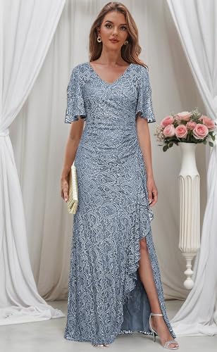 Sequin Lace Mother of The Bride Dresses for Women Short Sleeve Formal Dress with Slit Long Evening Gown4