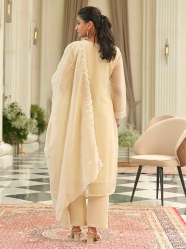 Image of INDO ERA Women's Silk Blend Floral Embroidered Straight Kurta & Pant With Dupatta Set (IEOUT12442)