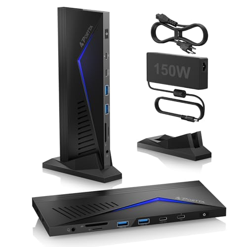 PORTTA 14 in 1 Docking Station Triple Monitor up to 4K 60 w/ 150W Power Adapter, HDMI x3, USB x6, RJ45, SD/TF, 100W PD, Audio/Mic, Compatible with macOS/Windows SST/MST, Driver Required