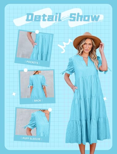 Image of Theenkoln Womens Casual Midi Dress: Short Sleeve V-Neck Empire Waist Gingham Spring Fashion Long Trendy Tiered Formal Dresses