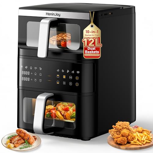 Image of HoninJoy 12L Double Stack Air Fryer with Viewing Window, Dual Zone Airfryer 10-in-1 Presets for Home Family Meals 2 Drawers for Bake/Grill/Dehydrate/Reheat, Dishwasher Safe Liners Black