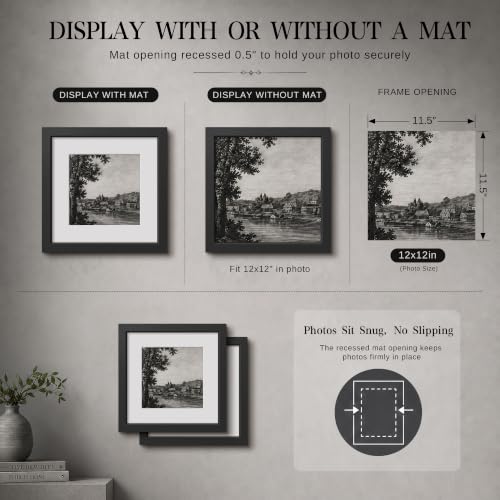Image of VCK 12x12 Picture Frame with Real Glass, Black Wood, 8x8 Mat, 2 Pack