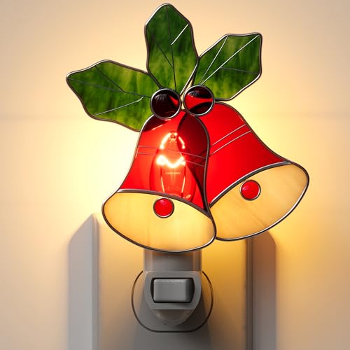Image of Night Lights Plug into Wall Christmas Red Bell for Home Decor | Stained Glass Night Light Plug in,7W Warm Light,Switch-On /Off for Adult Kids Room Bathroom Gifts for Mom Grandkids Christmas