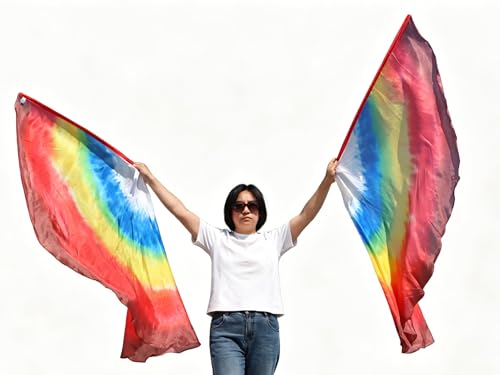 Winged Sirenny 70" Sheer Silk Dance Angel Wings with Flex Rods, Circular Handpainted Fluid Translucent Silk Worship Flags (Woven Mirage)