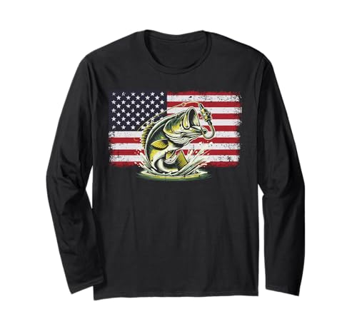 Bass Fishing USA Flag Fisherman Pescatore Patriot Uomini Donne Bambino Maglia a Manica