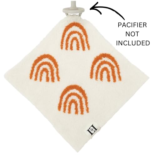 Image of L+L USA Rainbow Baby Lovey Pacifier /Teether Holder 10 inchx10 inch - DreamSoft Plush Fluffy Cuddly Soothie Reversible Mini Comfort Blanket - Cute Newborn Gift Essential Babies Boys Girls (Rust Orange /White)