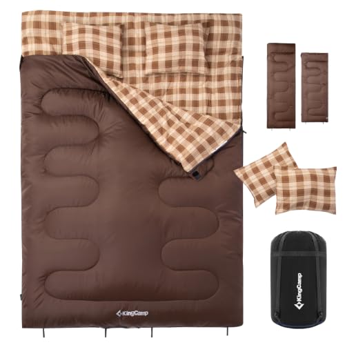 KingCamp Double Sleeping Bag for Adults, Queen Size 2 Person XXL Flannel Sleeping Bag, Waterproof Lightweight Flannel Quilt with 2 Pillows, Perfect for Couples Family Camping Hiking, Coffee