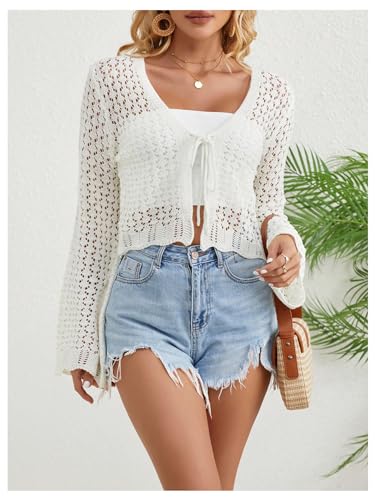 Image of Verdusa Women's Tie Front Crop Cardigan Bell Long Sleeve Scalloped Lightweight Knit Tops Summer Beach Cover Up Cream White X-Large