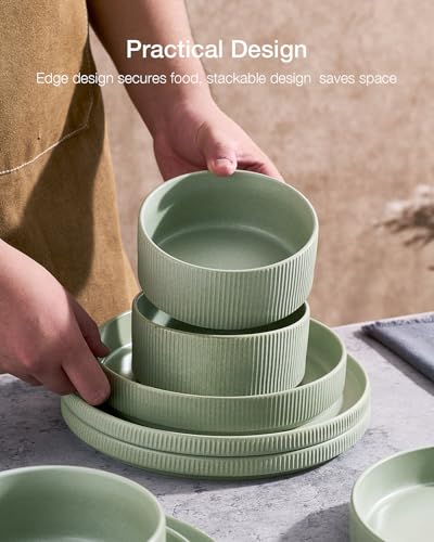 Image of Famiware Star 24-Piece Stoneware Dinnerware Sets for 6 - Shallow Pasta Bowls & Flat Plates, Modern Rustic Reactive Glaze Dishes, Chip & Scratch Resistant, Microwave & Dishwasher Safe, Matte Sage Green