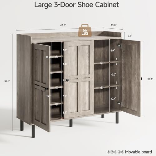 Image of ONBRILL Shoe Cabinet with 3 Doors and Adjustable Shelves, 30 Pairs Shoe Storage Cabinet, 40 Inch Tall Farmhouse Shoe Rack Shoe Organizer Cabinet for Entryway Living Room Closet, Gray Wash