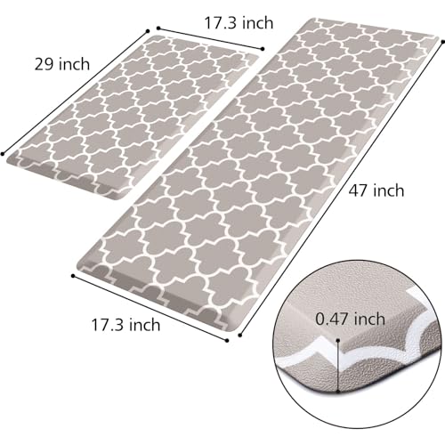 KMAT Kitchen Mat [2 PCS] 0.47inch Cushioned Anti-Fatigue Area Rug Sets, Waterproof Non-Skid Kitchen Mats and Rugs Heavy Duty PVC Ergonomic Comfort Standing Mat for Kitchen, Floor Office,Khaki