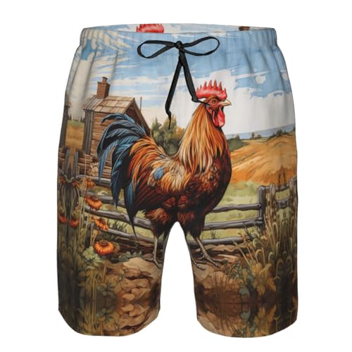 Rooster on Wood in Farmland Print Stylish Beach Shorts Swim Trunks Lightweight Breathable Summer Outdoor Activities4