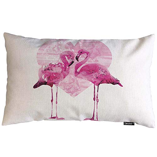 Swono Flamingo Throw Pillow Cover Watercolor Flamingos In Love Pink Cotton Linen Decorative Rectangular Pillowcase For Sofa And Bed Couch 12"X20" #TOP8