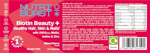 Nutriburst Biotin Beauty - Healthy Hair, Skin & Nails - Vegan Gummies • 2500mcg Biotin with Zinc, Iodine, Vitamins A, C, D3 & E - Mixed Berry Flavour • Sugar Free - Image 9