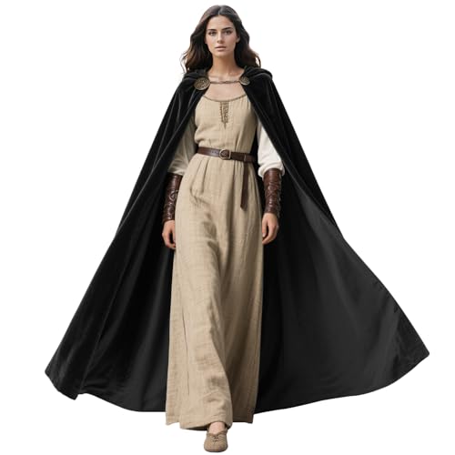 Cape médiévale à capuche keland avec broches vikings pour cosplay Halloween noir