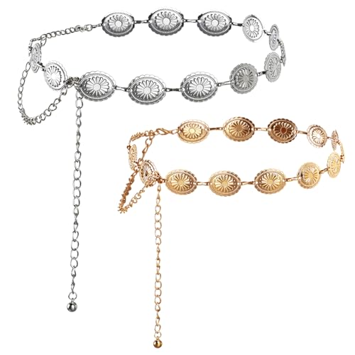 2 Pack Western Metal Concho Chain Belt for Women Girls Cowgirl Boho Waist Chain Country Concert Outfit for Dress (Gold+ Silver)