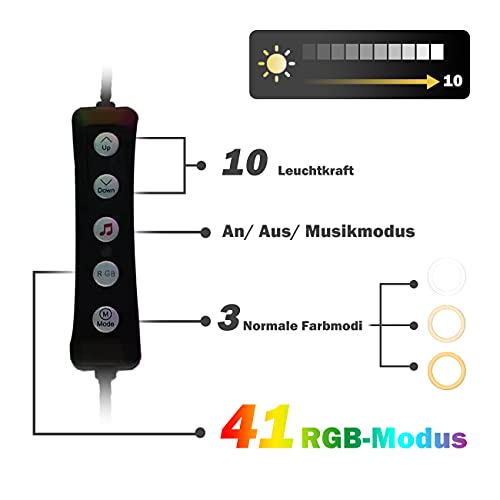 10" LED Ringlicht,RGB Tiktok Ringleuchte mit Stativ Handy-Halterung Stimmenkontrolle, 18 RGB Farbe,23 dynamische RGB-Regenbogenfarben Heim Licht,10 Helligkeit für Make-up Live-Stream YouTube Selfie – Bild 5