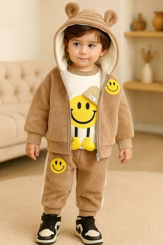 Image of Bold N Elegant Kids Polyester Printed 3d Happy Smile Face Cartoon Winter Warm Hoodied Jacket Sweatshirt and Pajamas 3 Pc Layering Party Clothing Set
