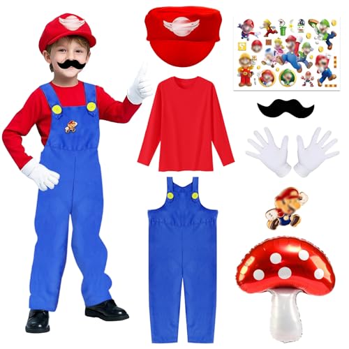 Kitimi Disfarce Mari para crianças, super Bro Cosplay fantasia, disfarce de super fato com top vermelho, peito de trabalho, boné, barba e luvas, disfarce para crianças para o Halloween carnaval Cosplay(M)