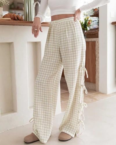Womens Gingham Striped Wide Leg Pants Y2k Lounge Pants Lace Up Loose Trousers2