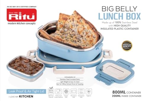 Image of RITU Big Belly Airtight Lunch Box with steel Insulated Plastic Large Container with 200ml Veggie Box|Leak -Proof|BPA-Free|Food Grade|Keeps Food Hot and Fresh for Hours|Ideal for School,Travel & office