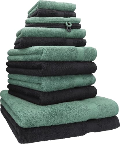 Betz Premium Handtuch-Set 12-teilig – 100% Baumwolle – Oeko-TEX® Zertifiziert – 470 g/m² – 2 Duschtücher, 4 Handtücher, 2 Gästetücher, 2 Seiftücher & 2 Waschhandschuhe - Farbe Graphit/tannengrün