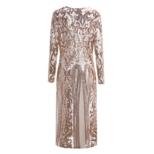 Women Long Sleeve O Neck Dress Sequin Applique Dress Long Sleeved Ankle Length Cardigan Cloak Dress Leopard (Beige, S) #TOP4