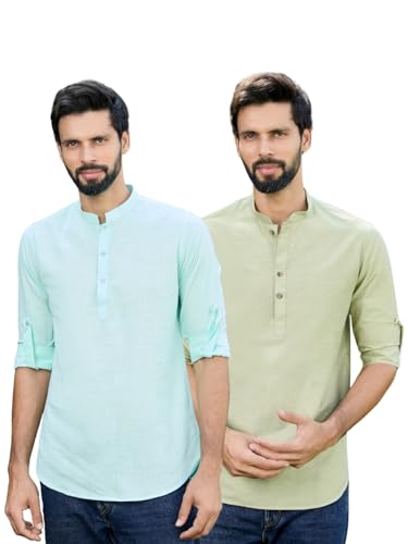 Image of See Designs Men's Roll-Up Sleeve Mandarin Collar Deluxe Cotton Solid Short Kurta (Pack of 2) - Festive Collection