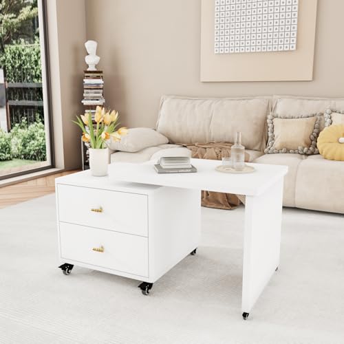 VOWNER Table Basse Extensible avec 2 Tiroirs, Table de Salon Rotative avec 6 roulettes, pour Salon, Balcon et Bureau, Blanc