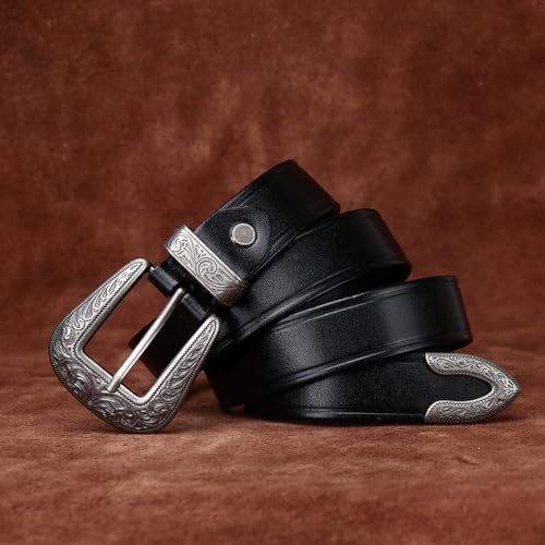 Women 28mm Thin Belt for Jeans Pants Dress Ladies Skinny Leather Strap with Engraved Floral Antique Silver Buckle4