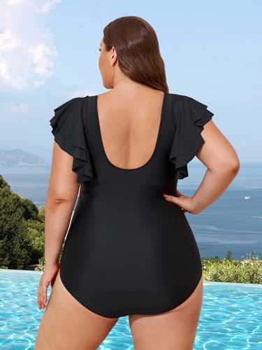 Smismivo Plus Size one Piece Swimsuit for Women Cap Sleeve Bathing Suit Retro Tummy Control Slimming Ruffle Swimwear2