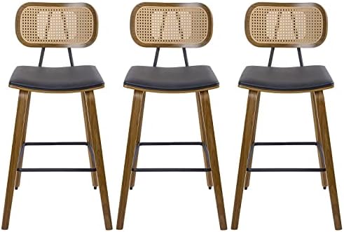 Counter Height Bar Stools Set of 3, Mid Century Modern Counter Stools, 27" Wood Kitchen Stool PU Leather Upholstered Barstool with Rattan Back, Counter Height Island Dining Bar Chair, Black