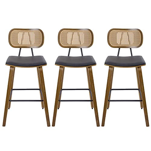 Counter Height Bar Stools Set Of 3, Mid Century Modern Counter Stools, 27" Wood Kitchen Stool Pu Leather Upholstered Barstool With Rattan Back, Counter Height Island Dining Bar Chair, Black #TOP2