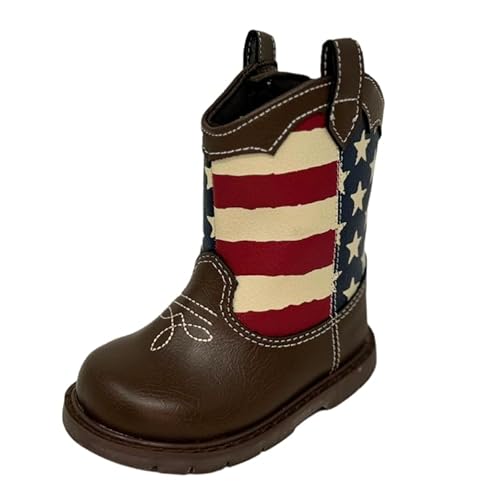 Baby Deer, Faux-leather, Rubber-soled, Kids Round Toe Western Boot for Toddler Boys or Girls with Ornamental Cowboy Stitching and Hook-and-loop Closure