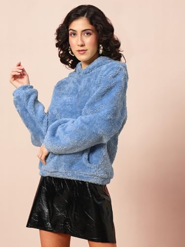 Image of THE DRY STATE Women's Basic Fit Teddy Fur Hoodie with Kangaroo Pocket