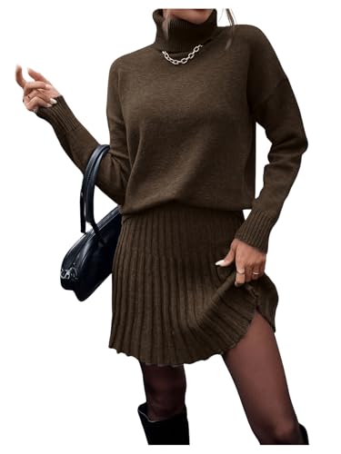 MakeMeChic Women's Sweater Skirt Sets 2 Piece Outfits Ribbed Knit Mock Neck Sweater Pullovers A Line Mini Skirt Set