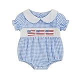 MoZiKQin ベビーガール 7月4日 アウトフィット アメリカ国旗 刺繍 バブルロンパース 格子柄 スモック ジャンプスーツ かわいい 夏服, ブルーフラッグ1#, 3-6 Months
