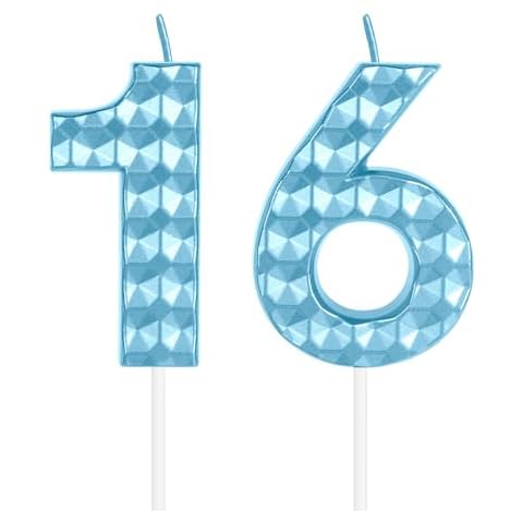 iNINGER Macaron Number 16 Candle,Blue Birthday Candle,Glitter Happy Birthday Cake Topper 3D Diamond Shape Numeral Candles for Men Women Birthday Party Wedding Decoration Theme Party Decoration-16th Cover