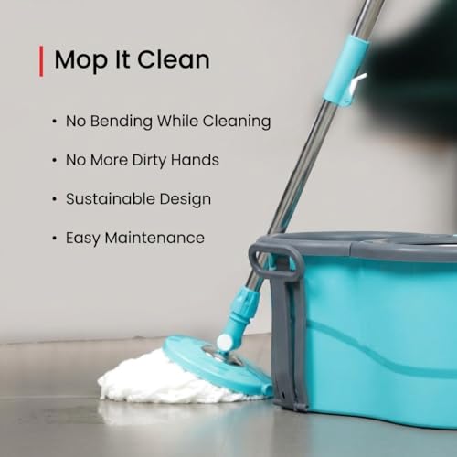 Image of Twin Bucket Spin Mop with Wheels and Puller Handle | 360 Adjustable Steel Handle | 2 High Absorbency Microfiber Refills | Pocha for Floor Cleaning - Home, Kitchen, Bathroom & Office