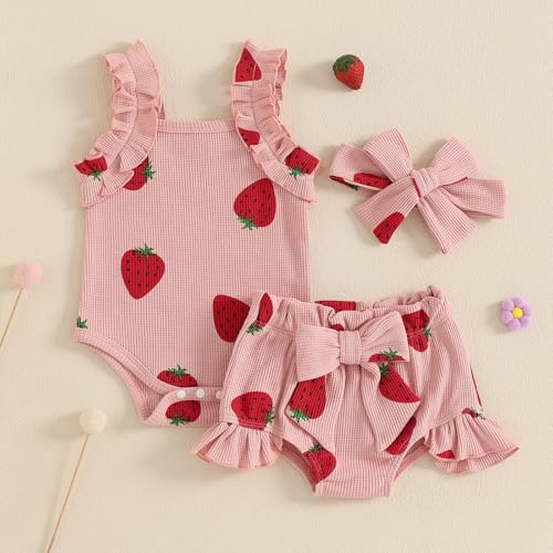 Infant Baby Girl Summer Outfit Strawberry Bow Ruffle Sleeveless Bubble Romper Shorts Set Waffle Newborn Clothes3