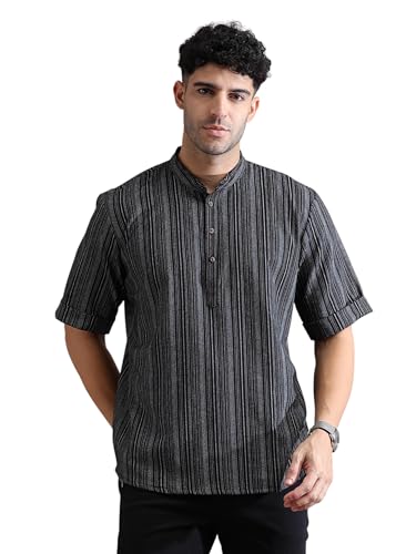 Image of Filori Lurex Checks Design Short Kurta | Pure Cotton | Half Sleeves | Mandarin Collar