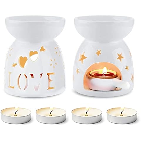 2 Pack Wax Melt Burners,Oil Burners for Essential Oils Ceramic,Essential Oil Burners-White Glazed,Ceramic Love and Star Burner,Oil Burners for Wax Melts Gift Set Cover