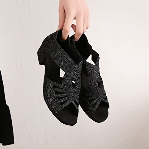 Low Heel Women Ballroom Dance Shoes Salsa Batchata Social Beginner Practice Wedding Dancing 1.5'' Heels YT04(7, Bling Black)