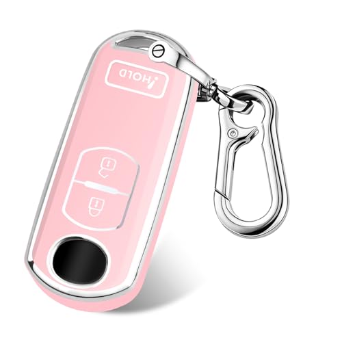 FT FUNTOR for Mazda Key Cover 3 Buttons TPU Key Cover with Silver Edge Compatible with Mazda 3 6 CX-3 CX-5 CX-7 CX-9 with Keychain (B-Pink)