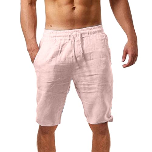 Generic Men's Pink Cotton Linen Shorts, Size XL, Solid, Tapered, High Rise, 2 Pockets, Casual Wear, Spring-Summer