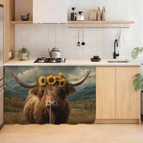 Image of Self Adhesive Highland Cow Sunflower Cabinet Curtain for Mother's Day, 39x28 Inch Rustic Farmhouse Under Sink Skirt No Drill, Spring Cleaning Kitchen Decor, Hook and Loop Valance