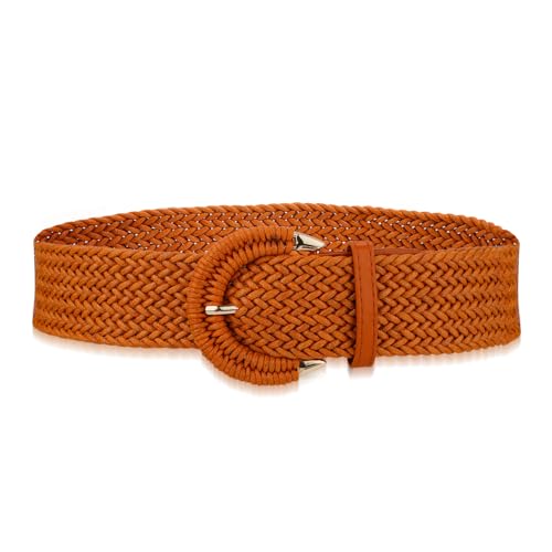Mikovivi Cinturón de Ratán Trenzado para Mujer, Cinturón Tejido Mujer Cinturón Ancho Trenzado con Hebilla de Medio Círculo Boho Cinturon Elastico paja Mujer para Vestido de Verano Jeans (Camel)