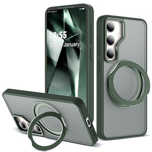 Image of Compatible with Samsung Galaxy S24 Plus Case with 360Rotatable Magnetic Ring Stand Compatible with Mag-Safe Military Protection Matte Translucent Phone Case for Galaxy S24+,Dark Green
