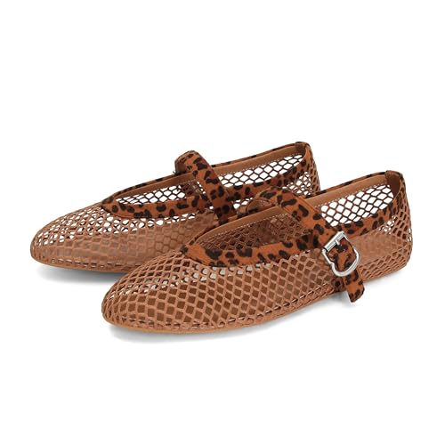 DOEYG Ballerines plates en maille pour femme, avec sangle à boucle confortables et décontractées, Motif léopard - Marron, 41 EU